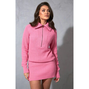 Aria‎ Cove Women 8 Sweater Dress Mini Knit Long Sleeve Half Zip Pink